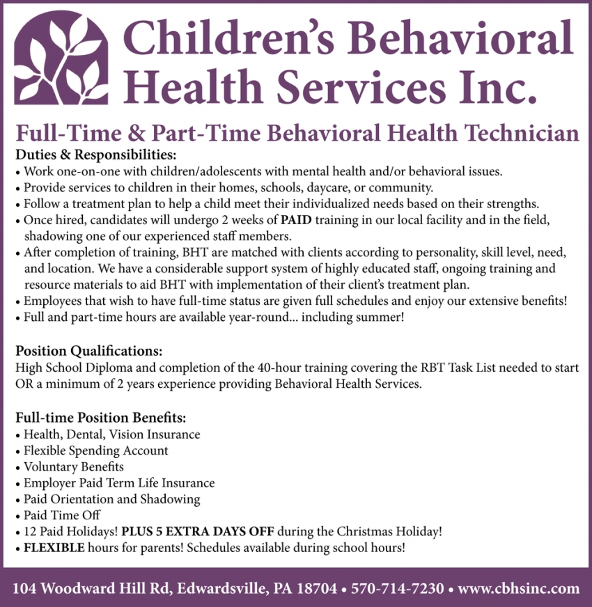 Full Time & Part Time Behavioral Health Technician, Children’s