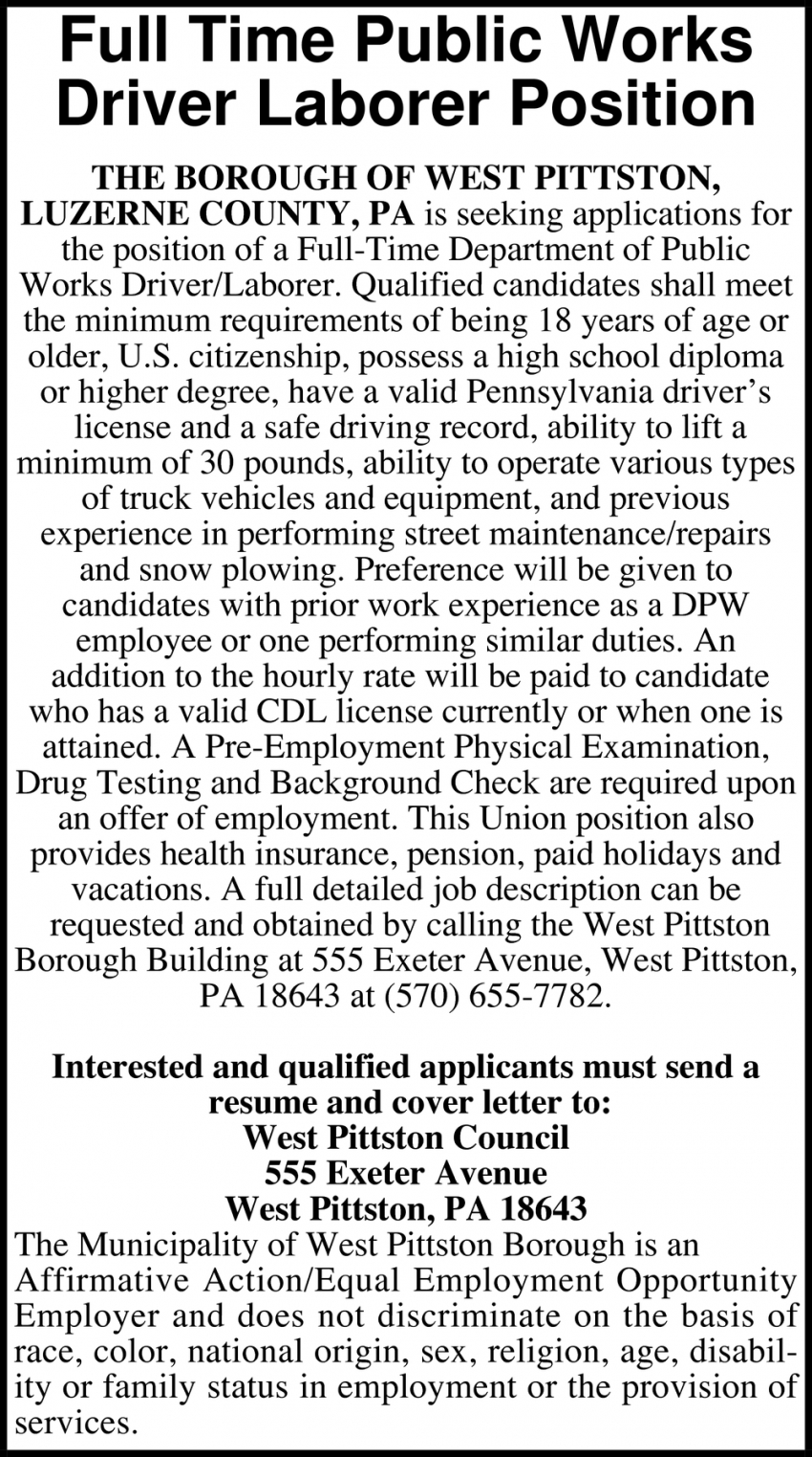 Full Time Public Works Driver Laborer Position, West Pittston Borough  Council, Pittston, PA