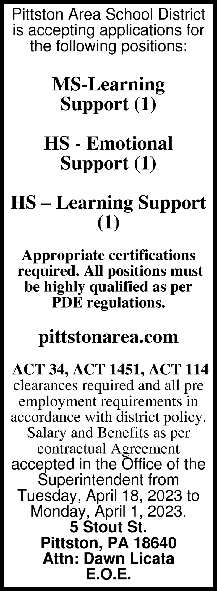 MS Learning Support - HS Emotional Support, Pittston Area School 