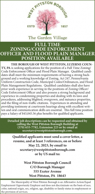 Zoning code enforcement officer and flood plain manager job west 