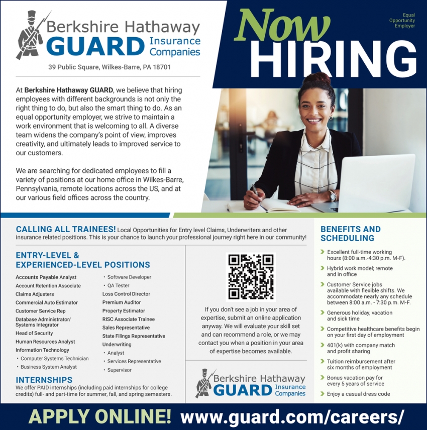 Now Hiring, Berkshire Hathaway Guard Insurance Companies, Wilkes Barre, PA