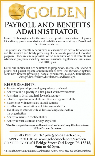 Payroll and Benefits Administrator, Golden Technologies, Old PA
