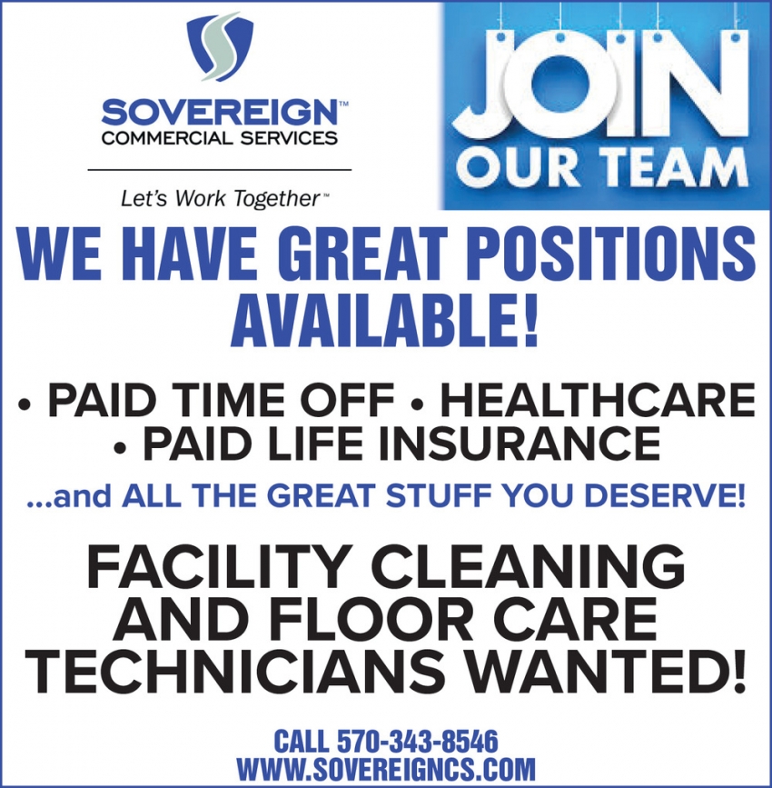 We Have Great Positions Available, Sovereign Commercial Services LLC, Clarks Summit, PA
