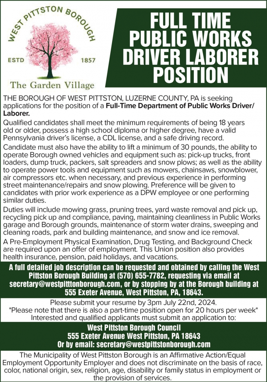 Driver / Laborer, West Pittston Borough Council, Pittston, PA